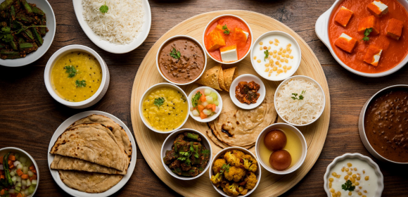 A vegetarian thali with a variety of dishes